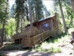 a wooden cabin in the middle of a forest at Two Bedroom Cabin Used To Belong to Deborah Winger! in Ruidoso