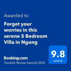 Certifikát, hodnocení, plakát nebo jiný dokument vystavený v ubytování Forget your worries in this serene 5 Bedroom Villa in Ngong