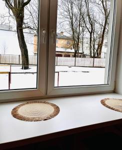 a window with a view of a snow covered yard at Struve Apartment City Centre in Tartu