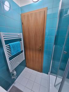 baño con ducha y puerta de madera en Apartmán Julie, en Rokytnice nad Jizerou
