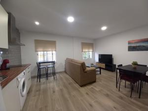 cocina y sala de estar con sofá y mesa en Apartamento Ramírez, en Conil de la Frontera