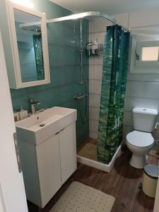 a bathroom with a toilet and a sink and a shower at Thor Freyjas of Poseidonia Syros Holiday House in Posidhonía