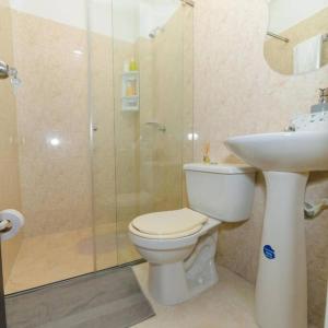 La salle de bains est pourvue de toilettes, d'un lavabo et d'une douche. dans l'établissement Chic 2Bedroom in Cúcuta, à Villa del Rosario