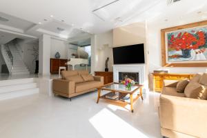 uma sala de estar com um sofá e uma lareira em Villa Stefani with Private Pool em Atenas