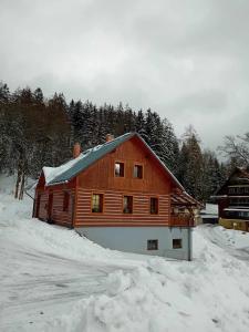 una cabaña de madera en la nieve con nieve alrededor en Apartmány u Gothaje en Rokytnice nad Jizerou