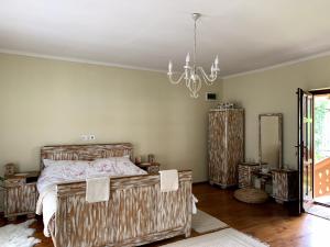 1 dormitorio con cama y lámpara de araña en Bokréta en Zetea