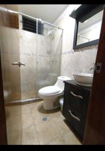 La salle de bains est pourvue de toilettes, d'un lavabo et d'une douche. dans l'établissement Apto en Milan. Zona rosa, à Manizales