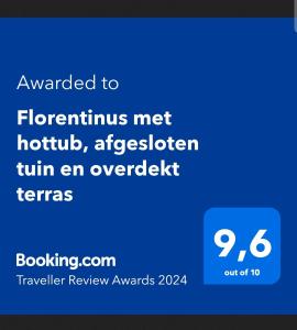 Et logo, certifikat, skilt eller en pris der bliver vist frem på Florentinus met hottub, afgesloten tuin en overdekt terras