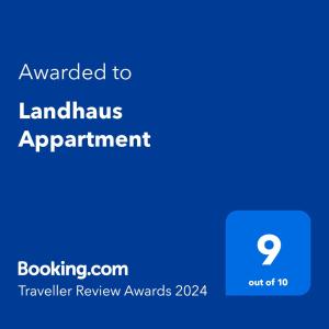 Majutusasutuses Landhaus Apartment olev sertifikaat, autasu, silt või muu dokument