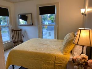 1 dormitorio con 1 cama con lámpara y 2 ventanas en Water Street Apartments, en Williamstown