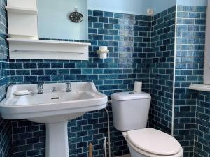 niebieska kafelkowa łazienka z toaletą i umywalką w obiekcie Maison bretonne avec jardin, 2 chambres, centre de Perros-Guirec, proche plages et commerces - FR-1-368-385 w mieście Perros-Guirec