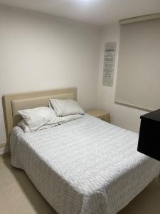 Schlafzimmer mit einem Bett mit weißer Bettwäsche und Kissen in der Unterkunft RICAURTE CUNDINAMARCA Apartamento 5 personas vacaciones in Bogotá