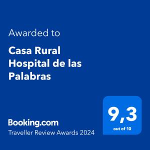 Majutusasutuses Casa Rural Hospital de las Palabras olev sertifikaat, autasu, silt või muu dokument
