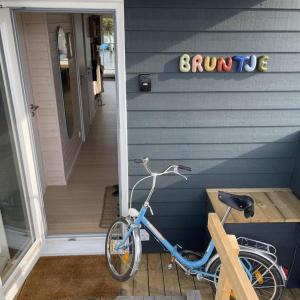 Una bicicleta azul estacionada fuera de una casa en Hausboot Bruntje mit Dachterrasse in Kragenæs auf Lolland/DK, en Torrig