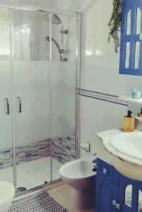 a bathroom with a shower and a sink and a toilet at PUERTA BAHÍA, Parking privado in Jerez de la Frontera