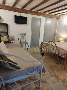 1 dormitorio con 1 cama y TV en la pared en Stargazer Studio, en Saint-Chamassy