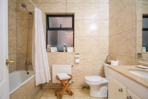 a bathroom with a toilet and a tub and a sink at Casa de Noah Bed & Breakfast in Pucón