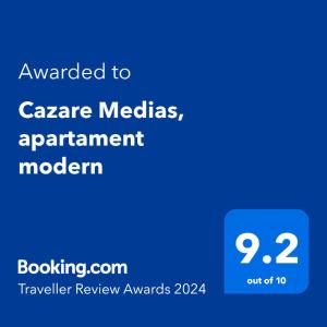 Un certificat, premiu, logo sau alt document afișat la Cazare Medias, apartament modern