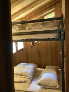 two bunk beds in a cabin with a window at Appartement de 3 chambres avec jardin clos et wifi a Peisey Nancroix in Peisey-Nancroix