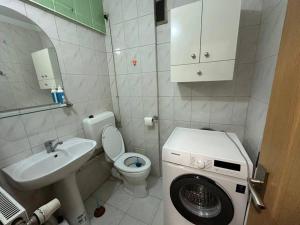 baño pequeño con lavadora y lavamanos en Decebal apartment overlooking the boulevard, en Bucarest