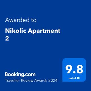 Majutusasutuses Nikolic Apartment 2 olev sertifikaat, autasu, silt või muu dokument
