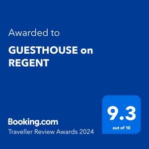 GUESTHOUSE on REGENT Bed & Breakfast tesisinde sergilenen bir sertifika, ödül, işaret veya başka bir belge