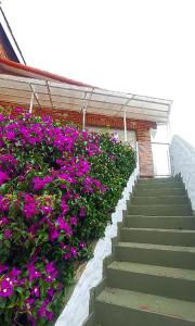 a stairway with purple flowers in front of a building at Departamento para 4 personas San Clemente in San Clemente del Tuyú