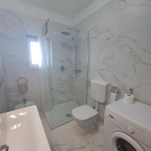 La salle de bains est pourvue d'une douche, de toilettes et d'un lavabo. dans l'établissement Apartment Parenzana Bibali 65 A 52460-Buje, à Buje
