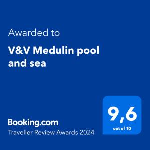 Ett certifikat, pris eller annat dokument som visas upp på V&V Medulin pool and sea