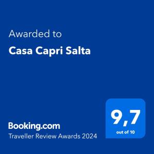 Sertifikāts, apbalvojums, norāde vai cits dokuments, kas ir izstādīts apskatei naktsmītnē Casa Capri Salta