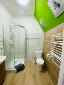 a bathroom with a glass shower and a toilet at HOTEL MILO - Noclegi Bartoszyce in Bartoszyce