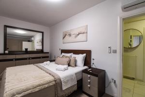 a bedroom with a bed and a large mirror at Penthouse Apartman Roko in Virovitica