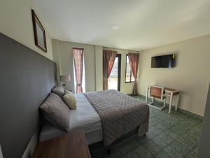 サン・サルバドルにあるHotel Abregoのベッドとテレビが備わるホテルルームです。