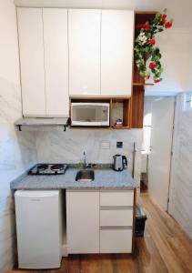 cocina con armarios blancos, fregadero y microondas en Apartamento España en Corrientes