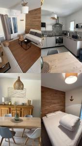 un collage de fotos de una cocina y una sala de estar en Charmante Maison à 500m de la plage, en La Tranche-sur-Mer