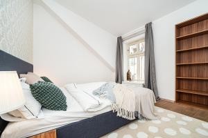 a bedroom with a bed and a book shelf at Large and stylish apartment in Prague in Prague