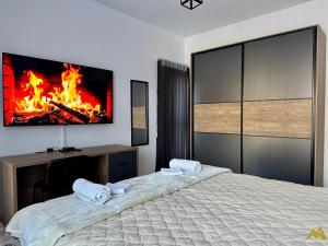 um quarto com uma cama com uma lareira na parede em Mihail Apartments Mavrovo em Mavrovo