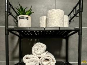 a towel rack with towels and a plant on it at Mihail Apartments Mavrovo in Mavrovo +7 photos