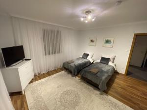 - une chambre avec 2 lits et une télévision à écran plat dans l'établissement Komfortable Wohnung, à Alzenau