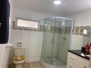 a bathroom with a shower and a toilet at Vacation home rental in Georgetown