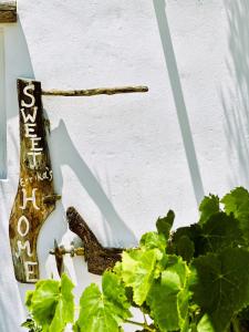 a plant sitting next to a sign next to a wall at Errika's Sweet Home in Provatas
