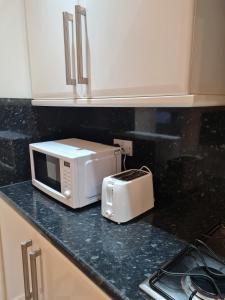 d'un four micro-ondes et d'un grille-pain sur un comptoir de cuisine. dans l'établissement Genade Apartments - Heaton, à Newcastle upon Tyne