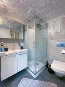 a bathroom with a glass shower and a toilet at Mia apt. in İzmir