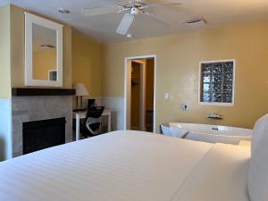 a bedroom with a bed and a tub and a fireplace at Monterey Bay Lodge in Monterey