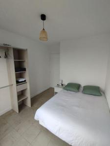 a white bed with two green pillows in a room at Appartement Courbaril à Nantes (6) in Nantes