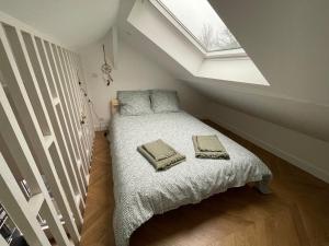 een kleine slaapkamer met een bed en een dakraam bij Le Lodge des Villettes in Jouy-le-Moutier