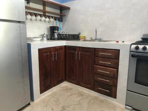- une cuisine avec des placards en bois et un évier dans l'établissement LA CASA AZUL DE SAMARA, à Barrio Nuevo