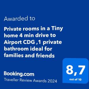 a screenshot of a phone with the text upgraded to private rooms in a tiny home at Private rooms in a Tiny home 4 min drive to Airport CDG ,1 private bathroom ideal for families and friends in Roissy-en-France