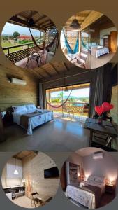 un collage de cuatro fotos de un dormitorio y una hamaca en SUÍTES PRAIA DO ROSA, en Imbituba