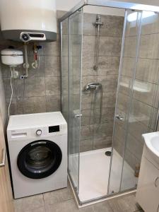 eine Waschmaschine im Bad mit Dusche in der Unterkunft Apartmány Hodonín in Hodonín
